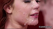 Unusual looker gets cumshot on her face swallowing all the cum