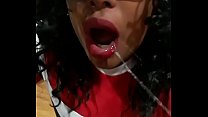 Ebony slut gives warm sloppy throat gag