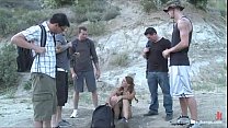 Sexy ass Brunette teased and gets forced gangbang in woods