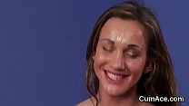 Slutty peach gets jizz shot on her face eating all the cum